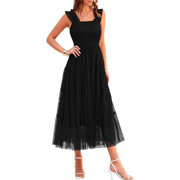 Women's Tulle Midi Dress Sleeveless Smocked Flowy Casual or Party Wear Women's Tulle Midi Dress Sleeveless Smocked Flowy Casual or Party Wear
